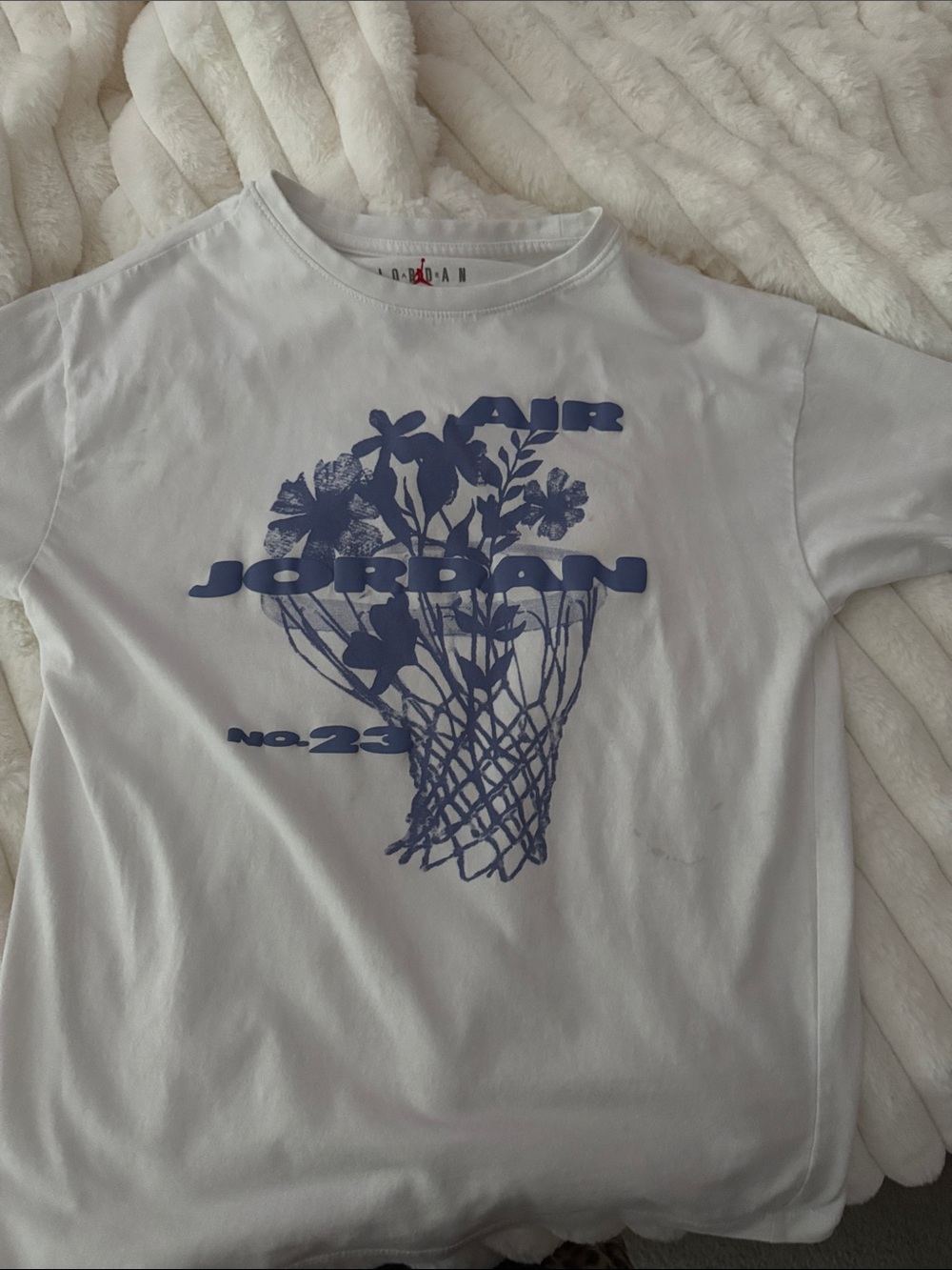 Jordan White Tee with Navy Blue Floral Basketball Graphic
